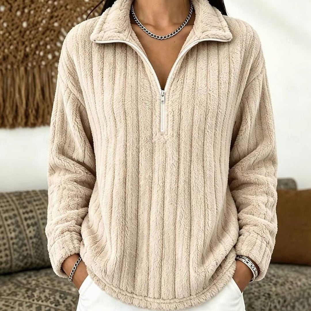 Women's Fluffy Quarter-Zip Pullover Fleece Sweater - Apricot