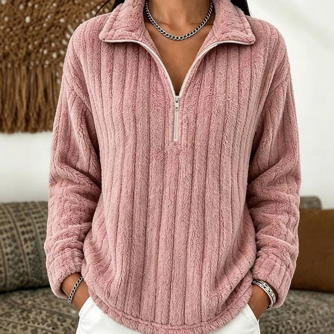 Women's Fluffy Quarter-Zip Pullover Fleece Sweater - Pink