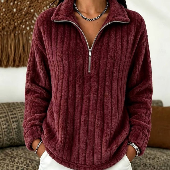 Women's Fluffy Quarter-Zip Pullover Fleece Sweater - Red