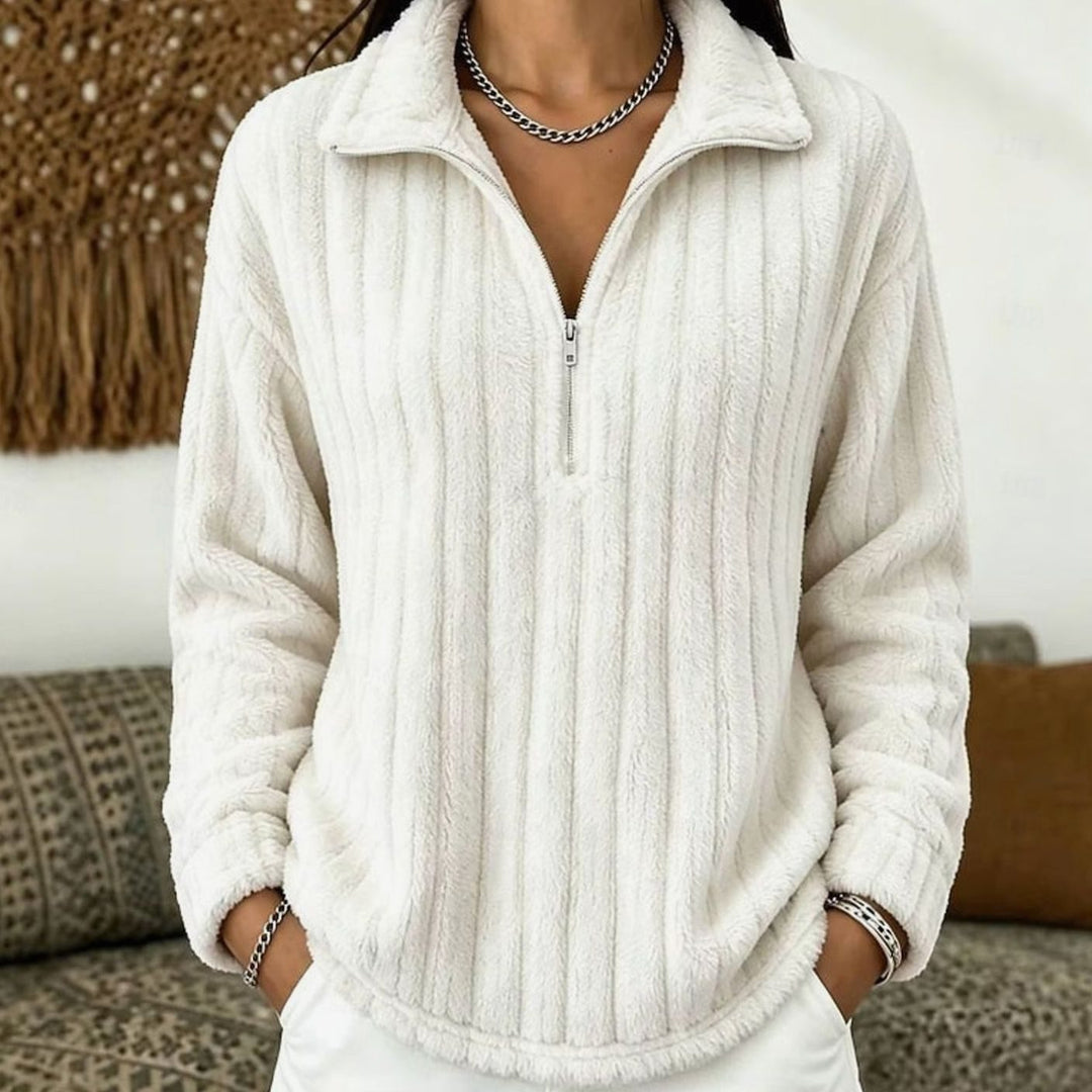 Women's Fluffy Quarter-Zip Pullover Fleece Sweater - White