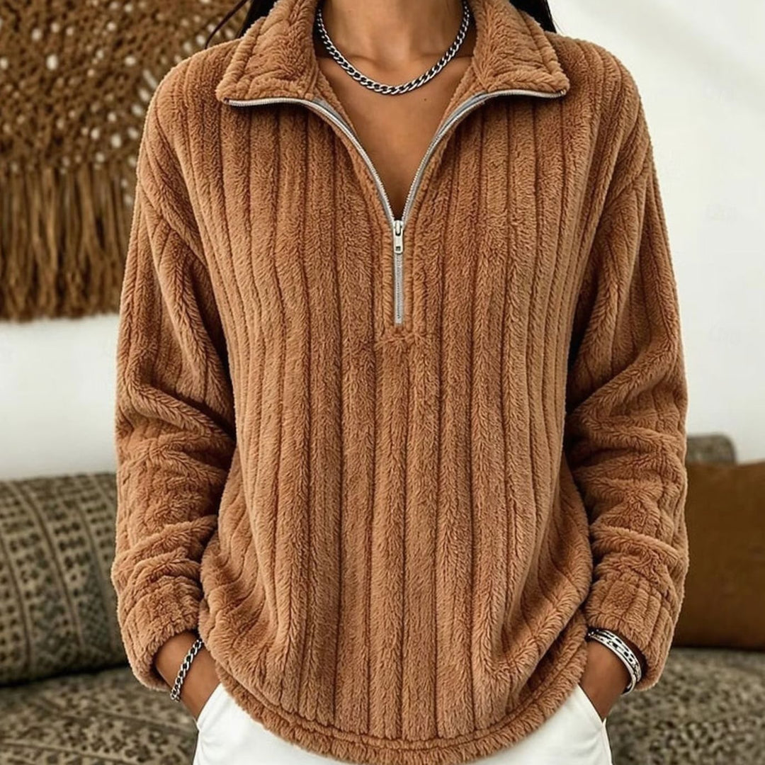 Women's Fluffy Quarter-Zip Pullover Fleece Sweater - Light Brown