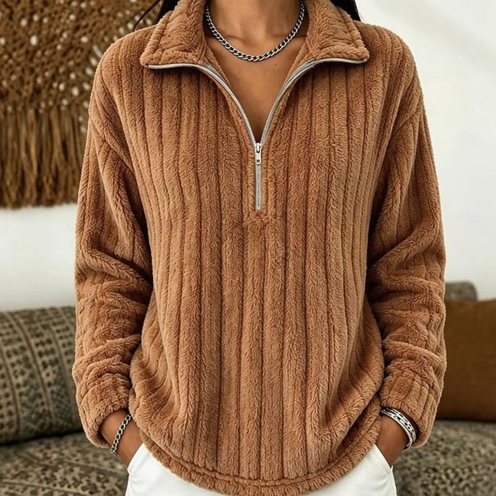 Women's Fluffy Quarter-Zip Pullover Fleece Sweater - Light Brown
