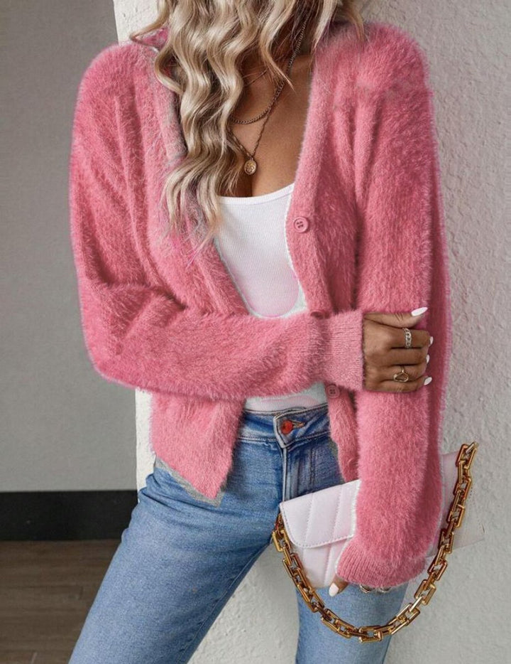 Women's Fluffy V-Neck Button-Front Knit Cardigan - Pink