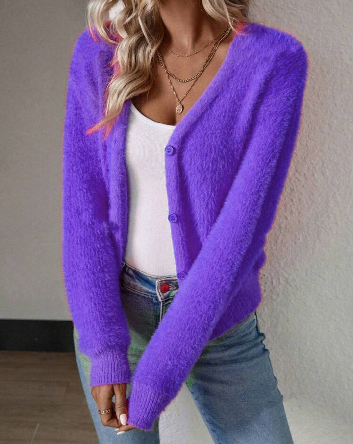 Women's Fluffy V-Neck Button-Front Knit Cardigan - Lilac