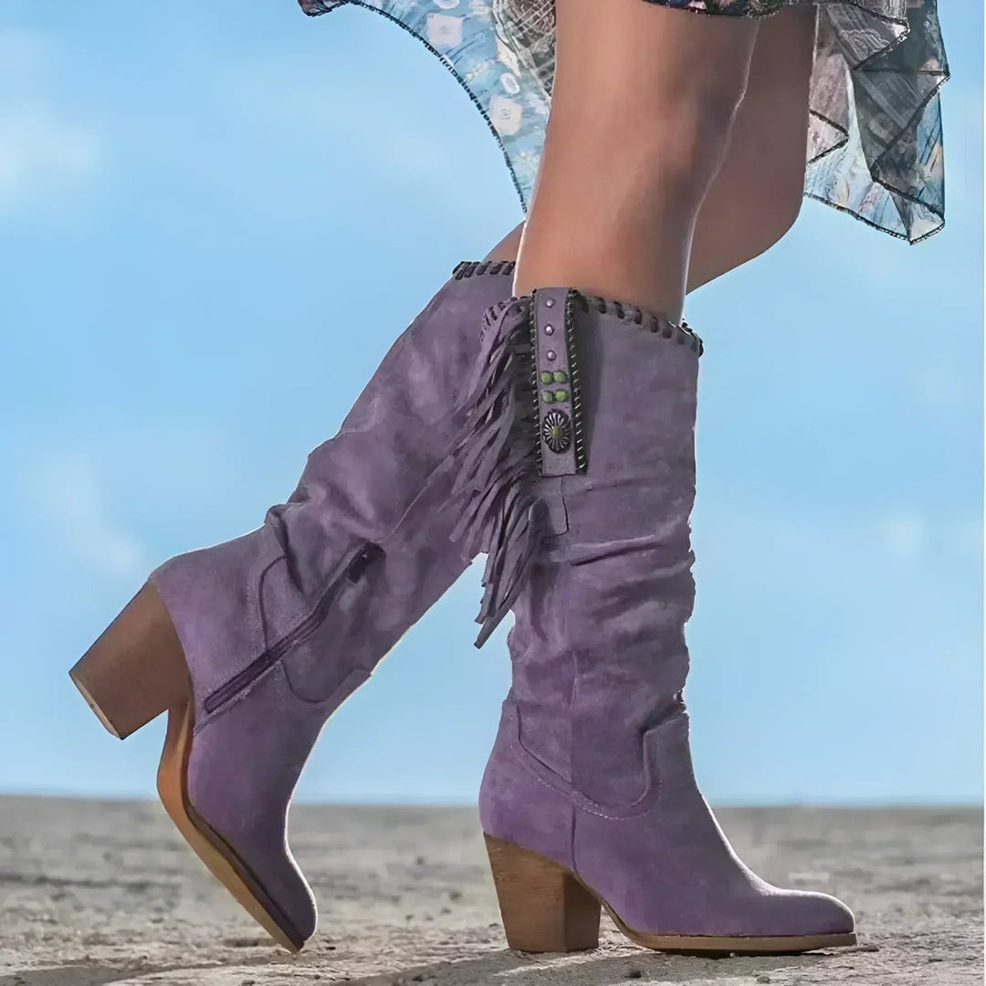 Women's Fringe Suede Cowboy Knee High Boots Block Heel - Purple
