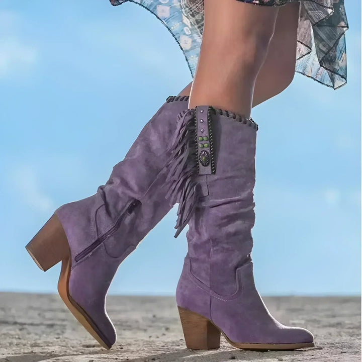 Women's Fringe Suede Cowboy Knee High Boots Block Heel - Purple