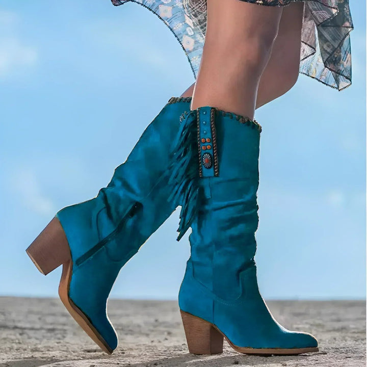 Women's Fringe Suede Cowboy Knee High Boots Block Heel - Blue