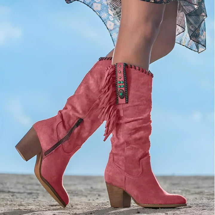 Women's Fringe Suede Cowboy Knee High Boots Block Heel - Red