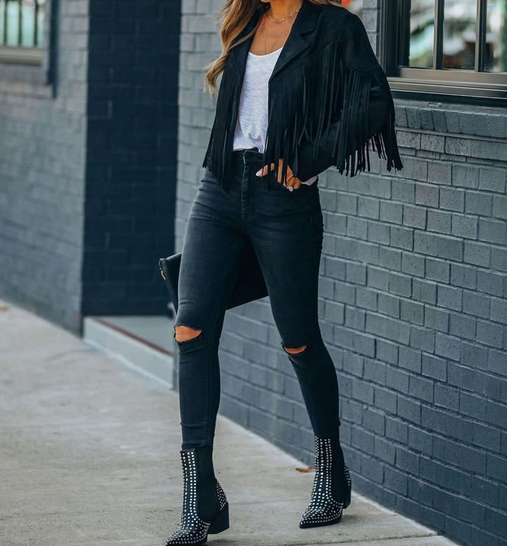 Women's Fringed Suede Cropped Moto Jacket - Black