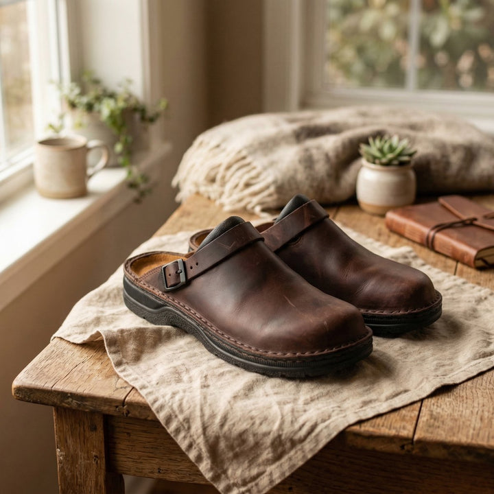 Women's Full-Grain Leather Slip-On Ergonomic Clogs - Dark Brown