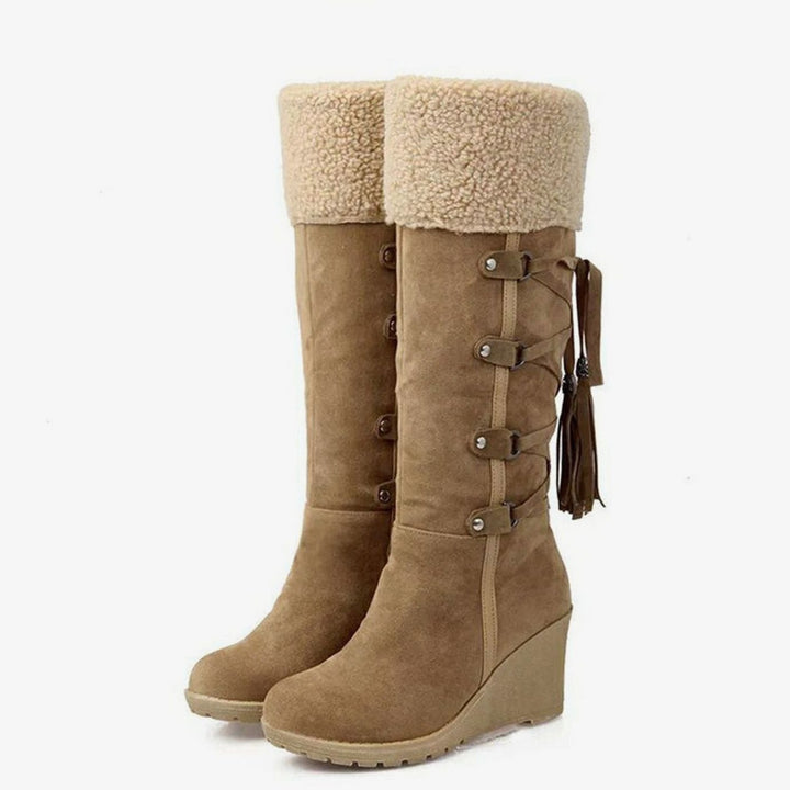Women's Fur-Lined Wedge Knee-High Winter Boots Tassel Buckle Strap - Brown