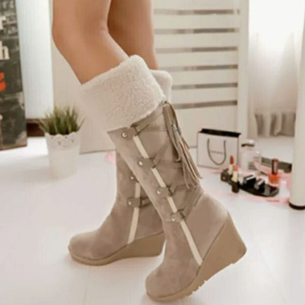Women's Fur-Lined Wedge Knee-High Winter Boots Tassel Buckle Strap - Beige
