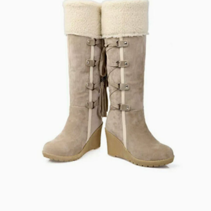 Women's Fur-Lined Wedge Knee-High Winter Boots Tassel Buckle Strap
