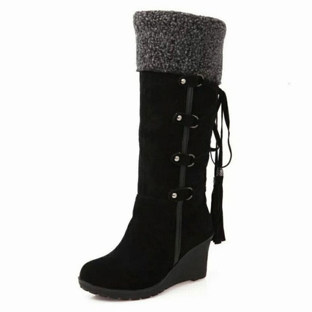 Women's Fur-Lined Wedge Knee-High Winter Boots Tassel Buckle Strap - Black