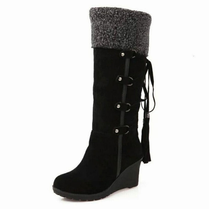 Women's Fur-Lined Wedge Knee-High Winter Boots Tassel Buckle Strap - Black