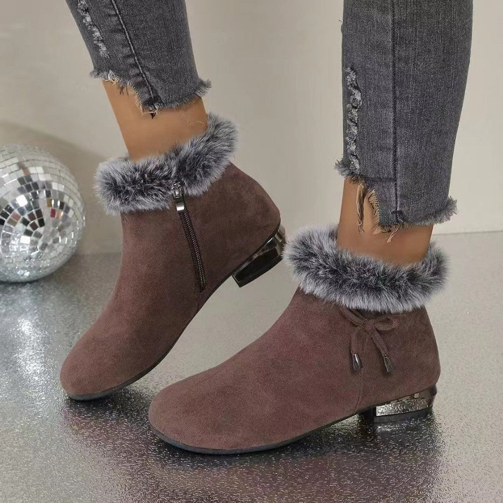 Women's Fur-Trim Suede Flat Ankle Boots - Brown