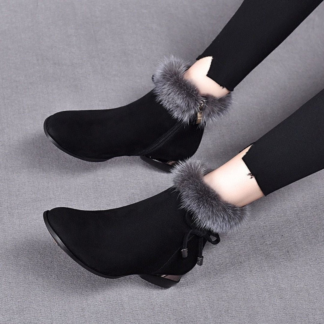 Women's Fur-Trim Suede Flat Ankle Boots - Black