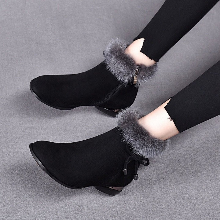 Women's Fur-Trim Suede Flat Ankle Boots - Black