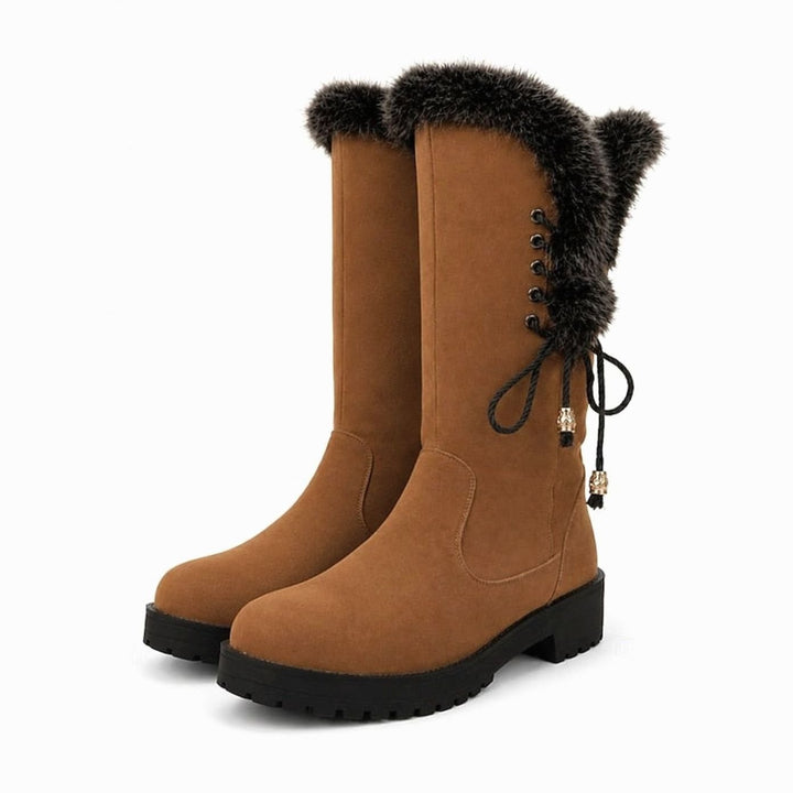 Women's Fur-Trimmed Knee-High Snow Boots Low Block Heel, Tan
