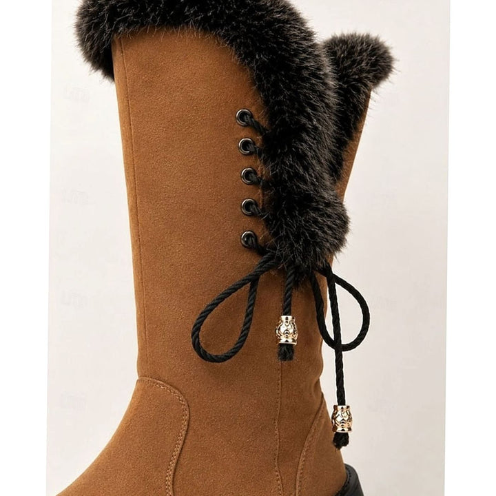 Women's Fur-Trimmed Knee-High Snow Boots Low Block Heel, Tan