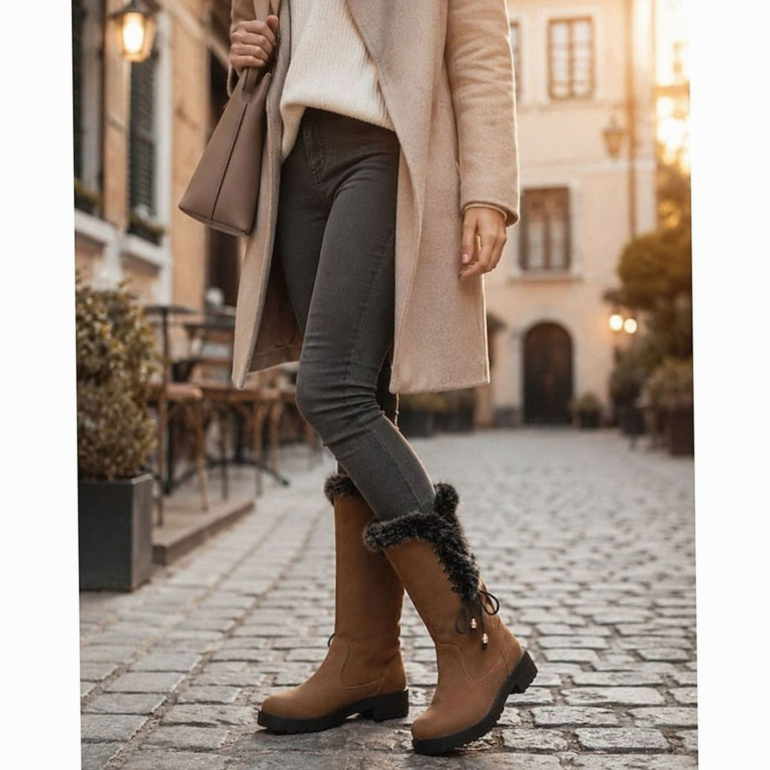 Women's Fur-Trimmed Knee-High Snow Boots Low Block Heel, Tan