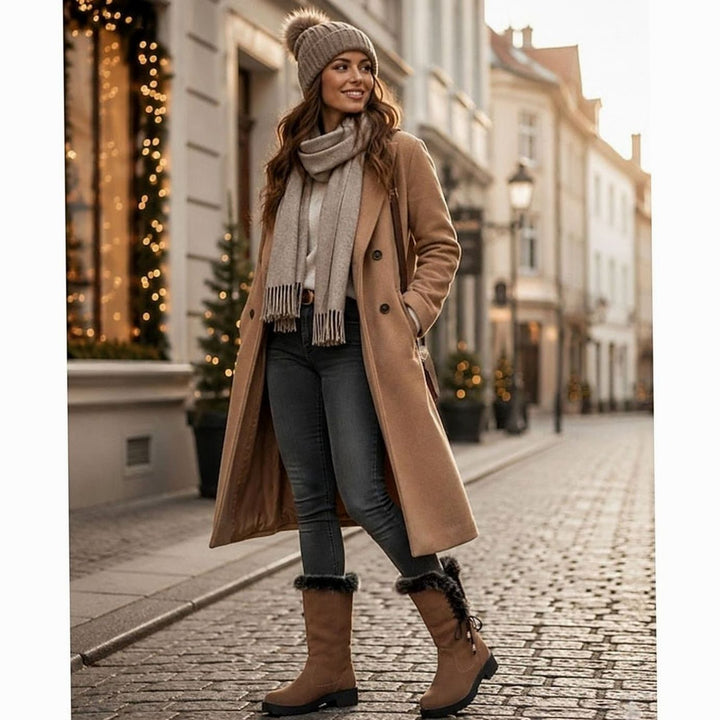 Women's Fur-Trimmed Knee-High Snow Boots Low Block Heel, Tan