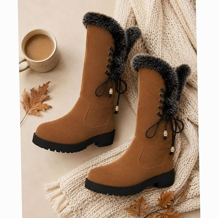 Women's Fur-Trimmed Knee-High Snow Boots Low Block Heel, Tan