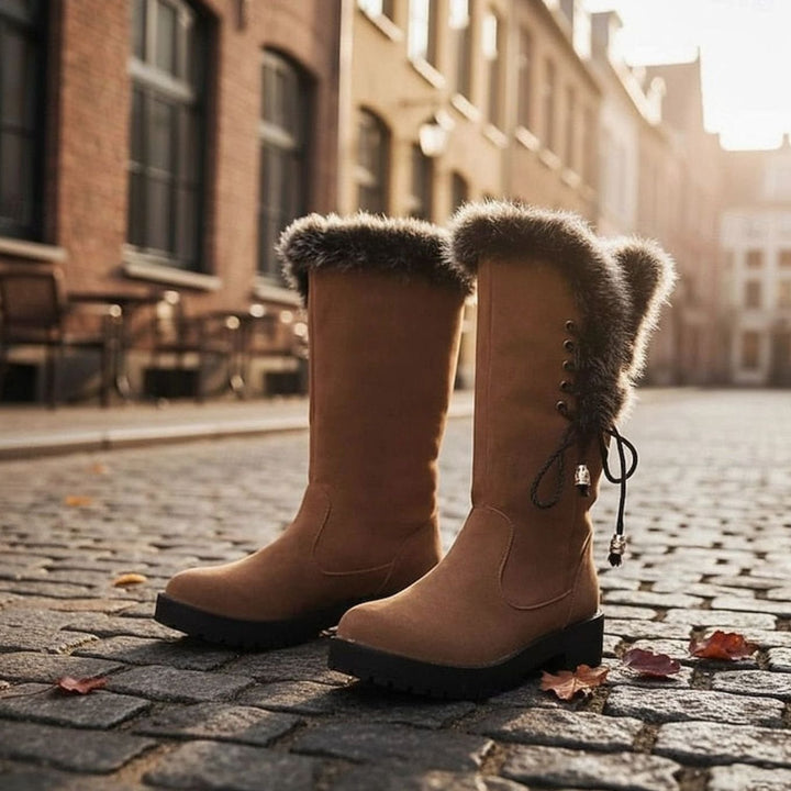 Women's Fur-Trimmed Knee-High Snow Boots Low Block Heel, Tan