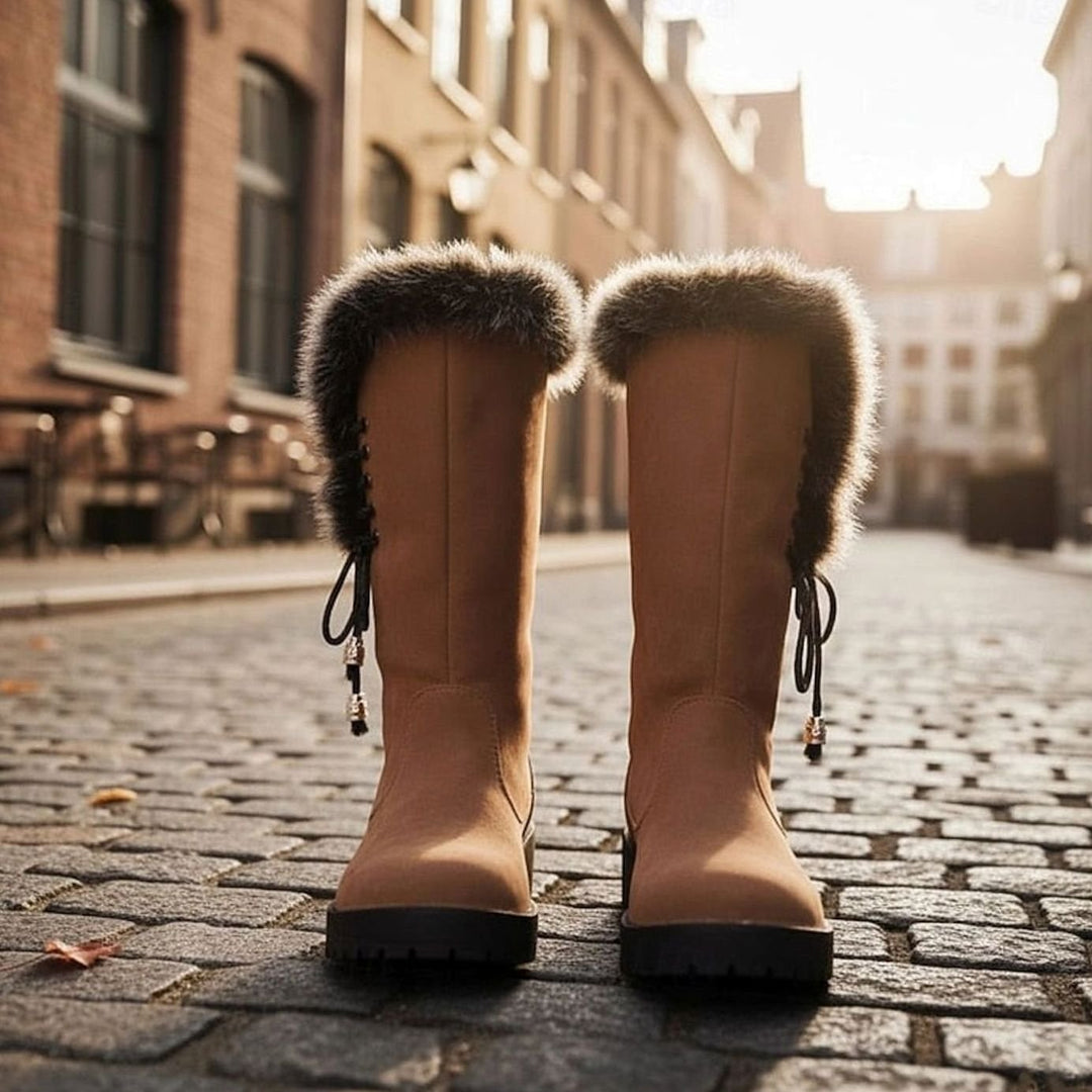 Women's Fur-Trimmed Knee-High Snow Boots Low Block Heel, Tan