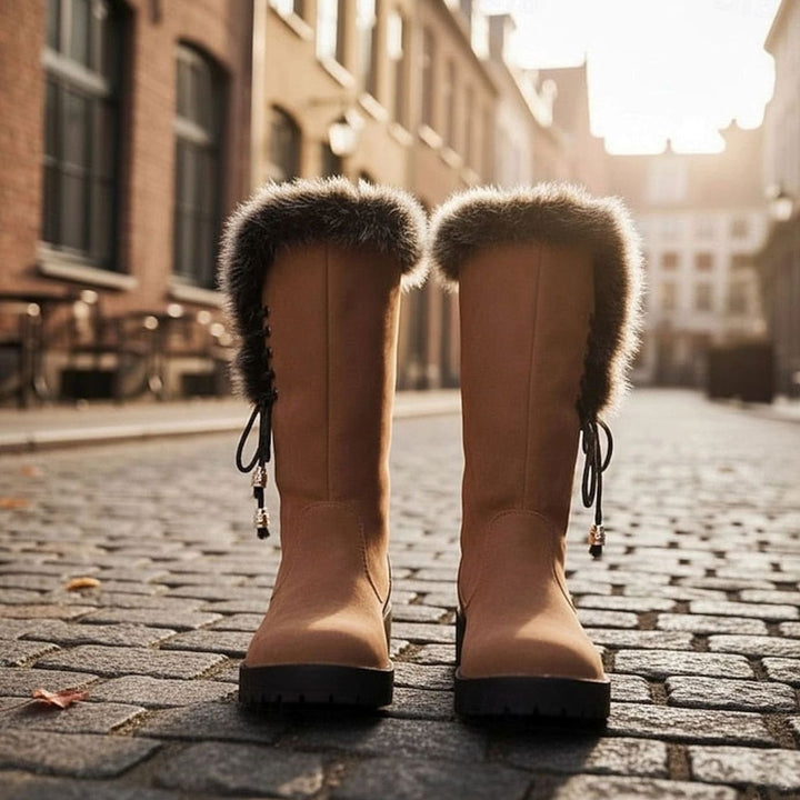 Women's Fur-Trimmed Knee-High Snow Boots Low Block Heel, Tan