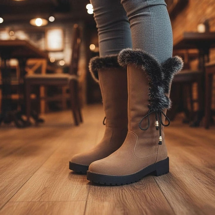 Women's Fur-Trimmed Knee-High Snow Boots Low Block Heel, Tan