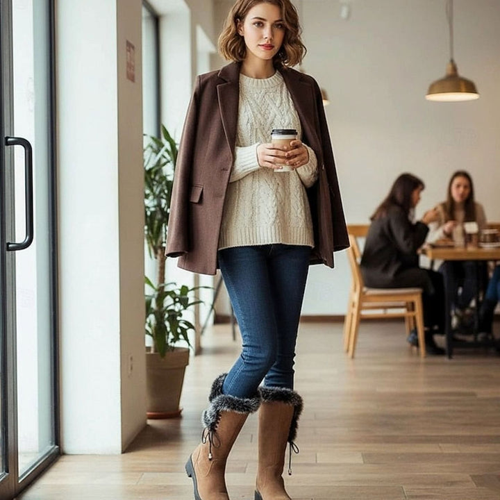 Women's Fur-Trimmed Knee-High Snow Boots Low Block Heel, Tan