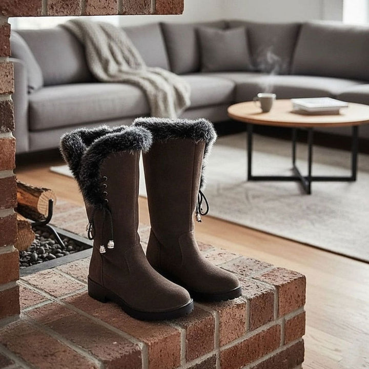 Women's Fur-Trimmed Knee-High Snow Boots Low Block Heel, Tan - Dark Brown