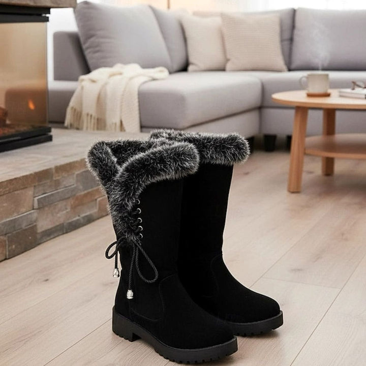 Women's Fur-Trimmed Knee-High Snow Boots Low Block Heel, Tan - Black