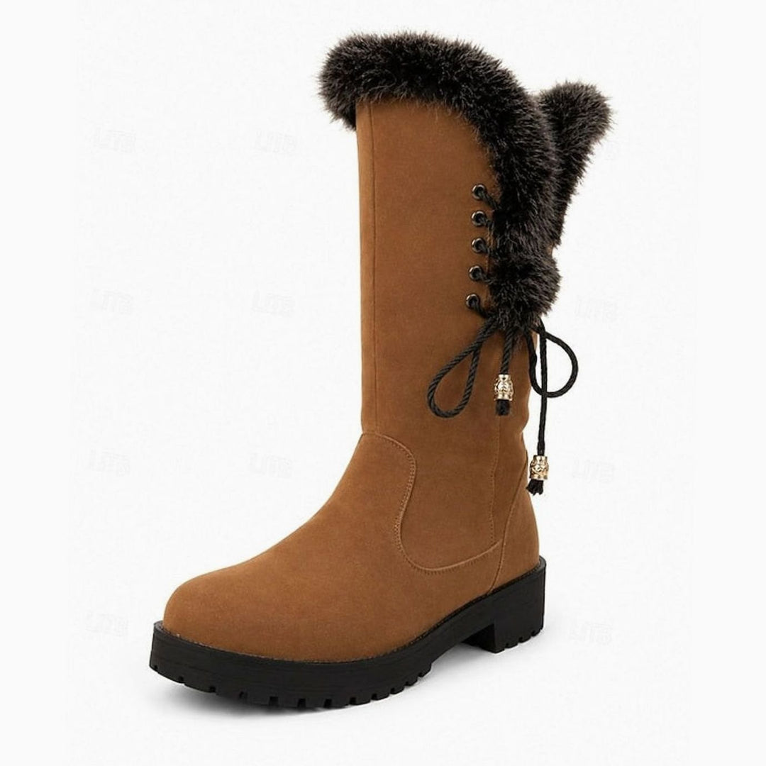 Women's Fur-Trimmed Knee-High Snow Boots Low Block Heel, Tan