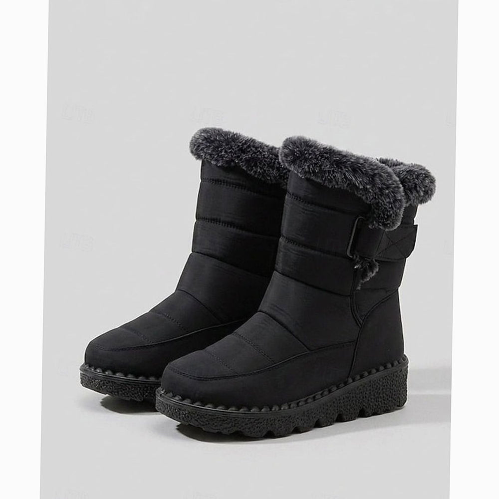 Women's Fur-Trimmed Quilted Snow Boots Waterproof Winter - Black