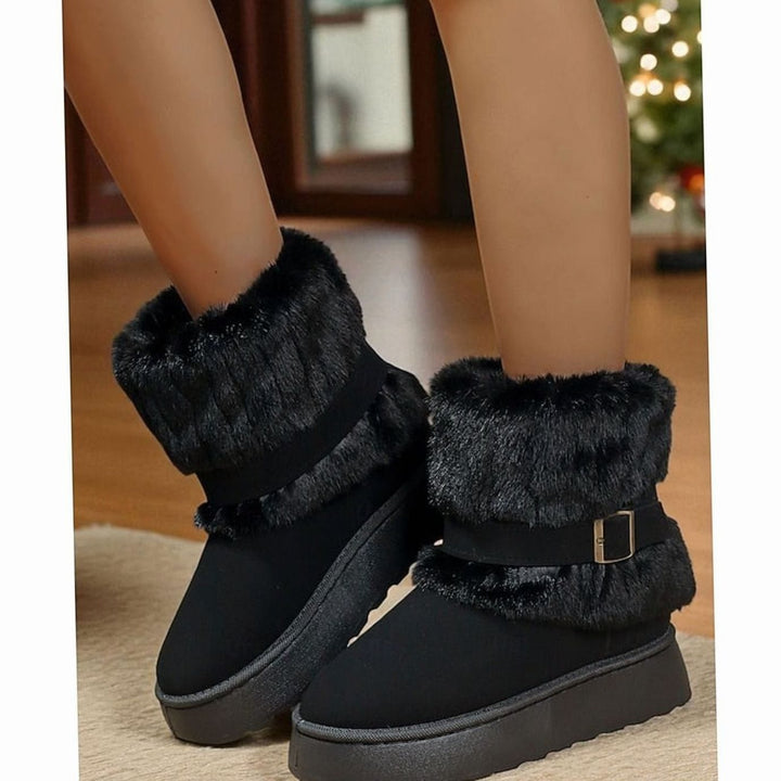 Women's Fur-Trimmed Slip-On Winter Snow Boots, Black - Black