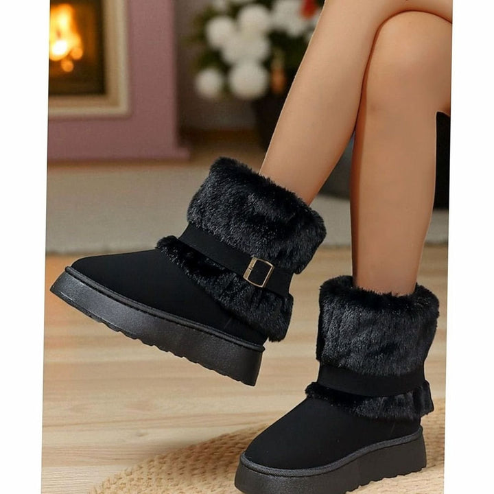 Women's Fur-Trimmed Slip-On Winter Snow Boots, Black