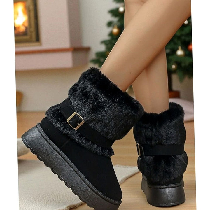 Women's Fur-Trimmed Slip-On Winter Snow Boots, Black