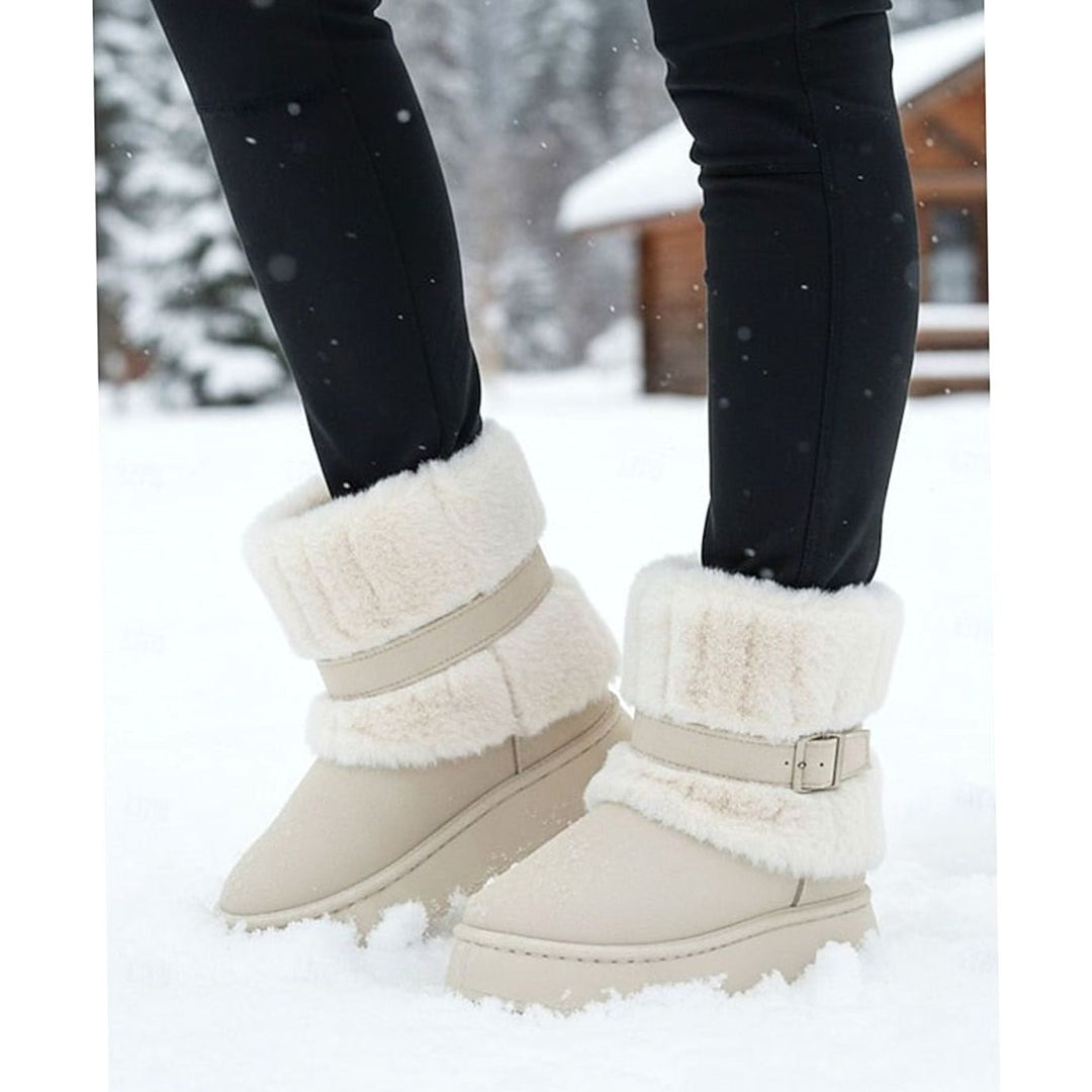 Women's Fur-Trimmed Slip-On Winter Snow Boots, Black - Beige