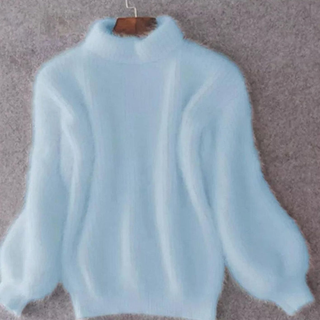 Women's Fuzzy Turtleneck Loose-Fit Pullover Knit Sweater - Blue