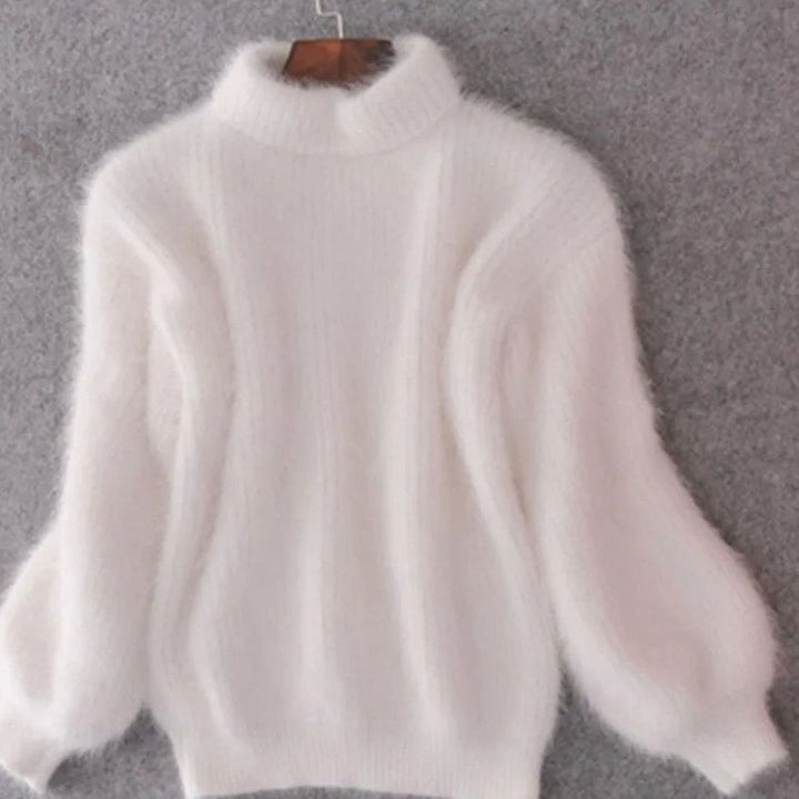 Women's Fuzzy Turtleneck Loose-Fit Pullover Knit Sweater - White