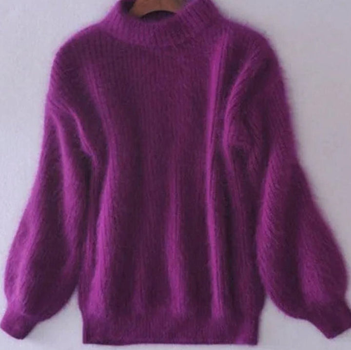 Women's Fuzzy Turtleneck Loose-Fit Pullover Knit Sweater - Purple