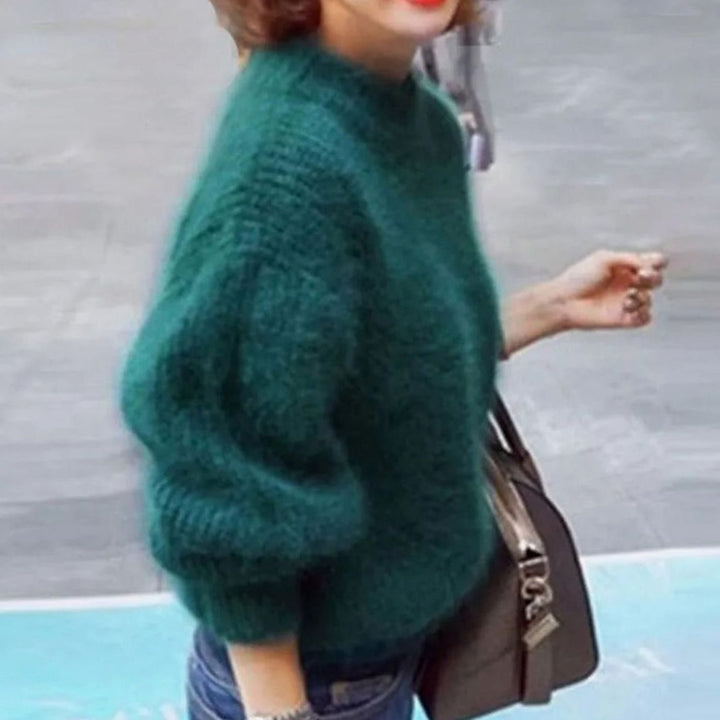 Women's Fuzzy Turtleneck Loose-Fit Pullover Knit Sweater - Green