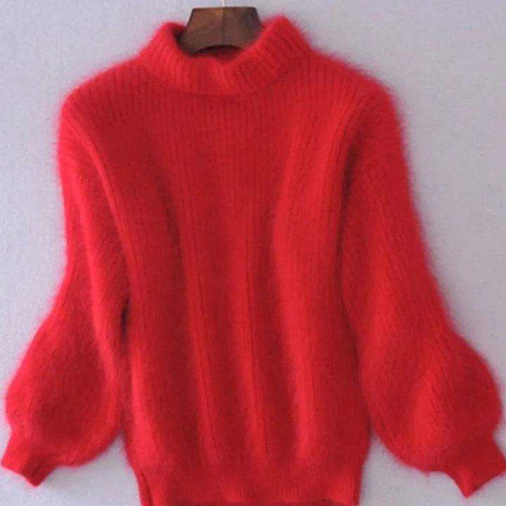 Women's Fuzzy Turtleneck Loose-Fit Pullover Knit Sweater - Red