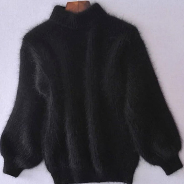 Women's Fuzzy Turtleneck Loose-Fit Pullover Knit Sweater - Black