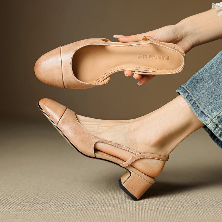 Women's Genuine Leather Almond-Toe Slingback Block Heel Pumps - Apricot
