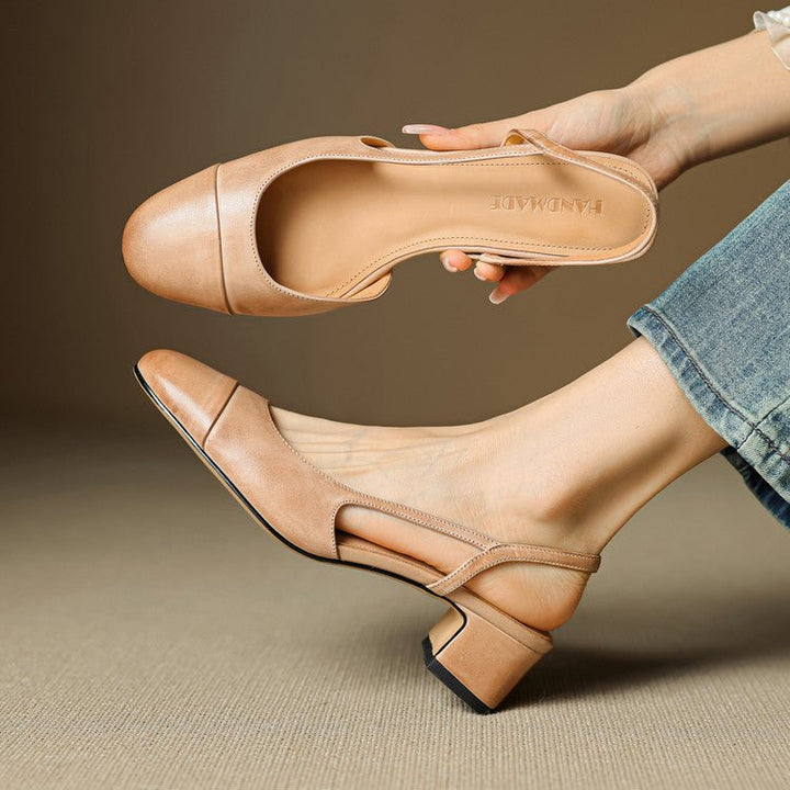 Women's Genuine Leather Almond-Toe Slingback Block Heel Pumps - Apricot