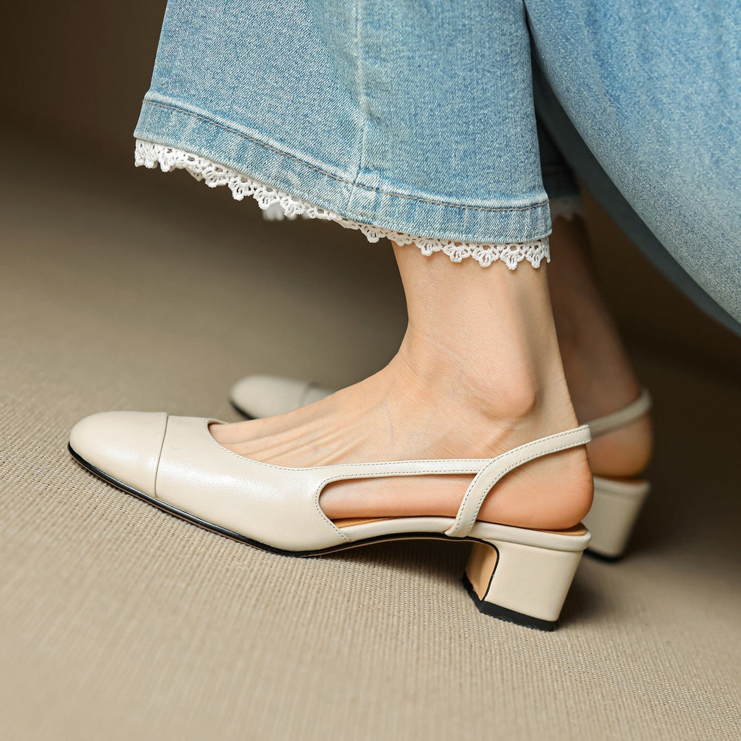 Women's Genuine Leather Almond-Toe Slingback Block Heel Pumps