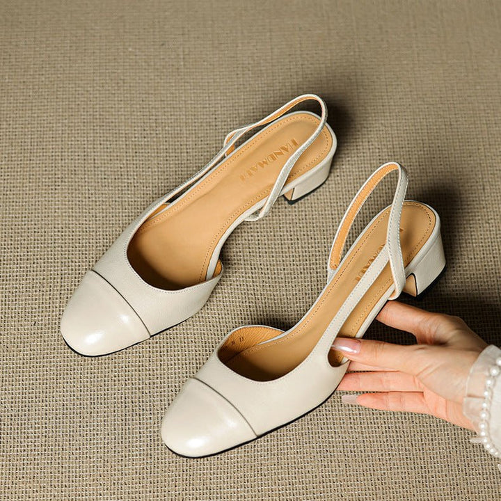 Women's Genuine Leather Almond-Toe Slingback Block Heel Pumps